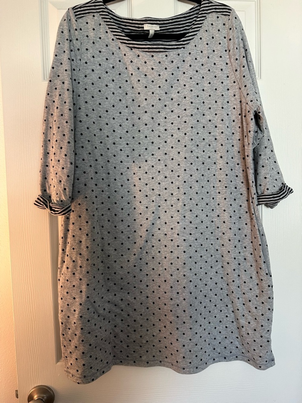 Talbots Gray Polka Dot Midi Dress with Navy Trim